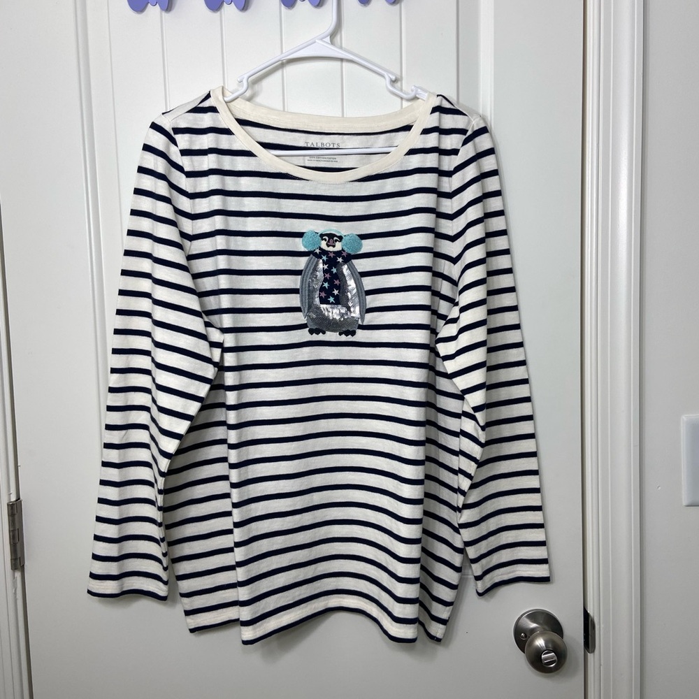 NWOT Talbots PLUS women’s cream navy sequin penguin decal long sleeve shirt 1X‎